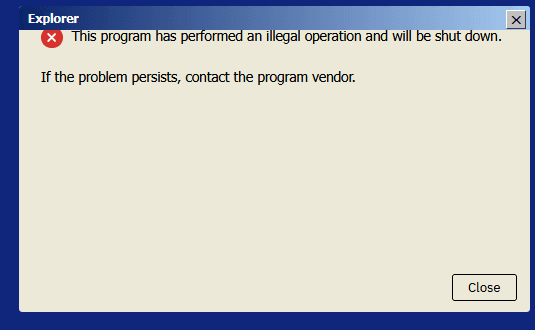 A Windows error dialog stretched to fill its whole frame, with its text pinned to the top and the Close button far below