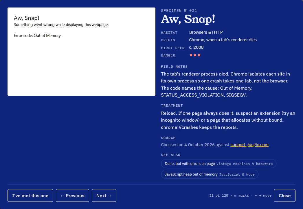 Chrome's Aw, Snap! error page drawn as plain text in a white box, with no icon