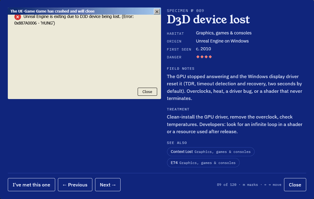 An Unreal Engine crash dialog where the message wraps underneath the red error icon