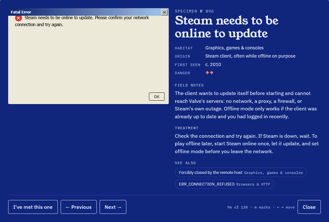 A Steam fatal error dialog where the message wraps underneath the red error icon