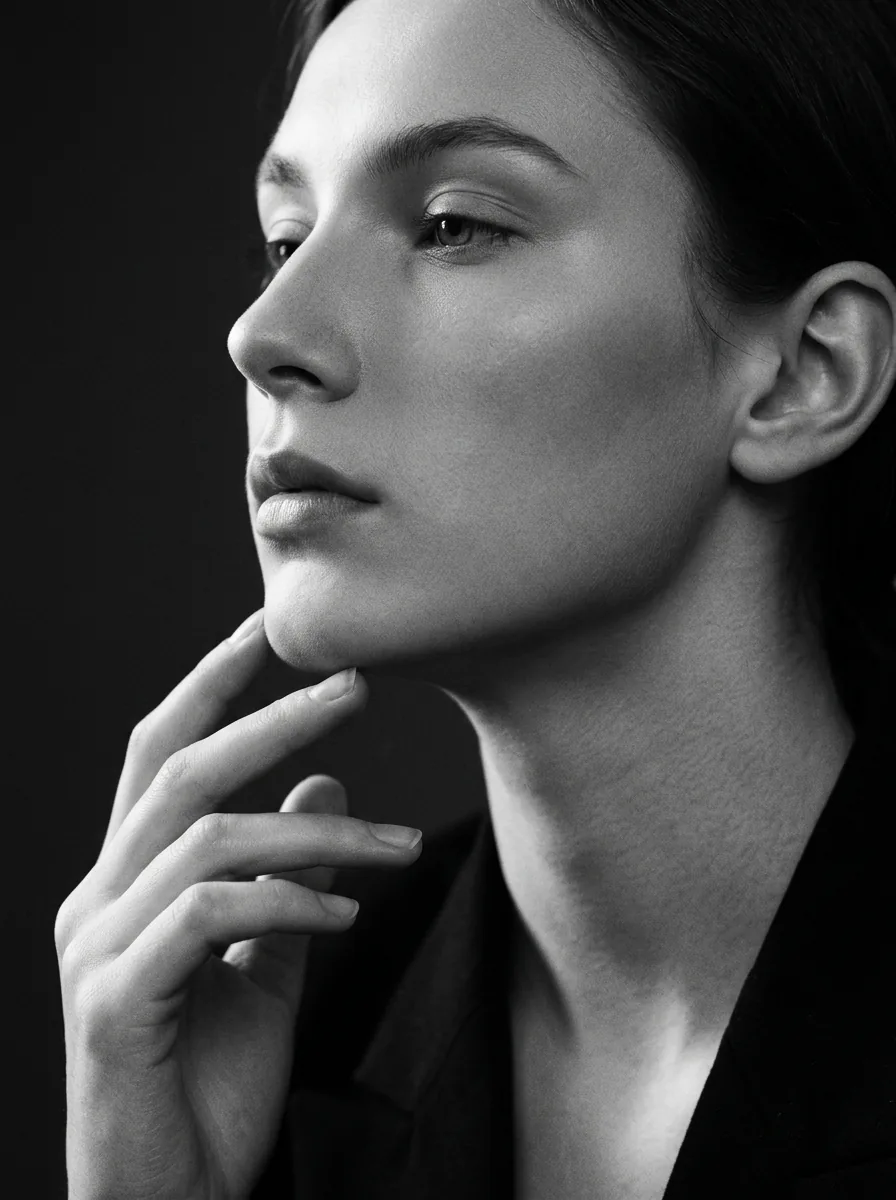 Close editorial portrait in three-quarter profile, lit by soft directional light